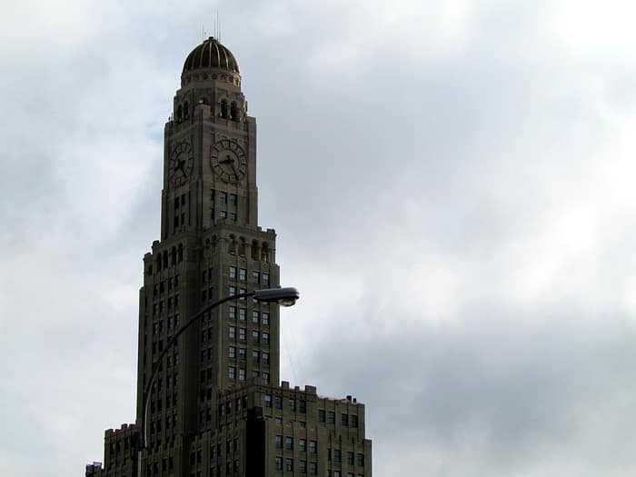 Upper stories and clock of the Williamsburgh Savings Bank Tower in Brooklyn