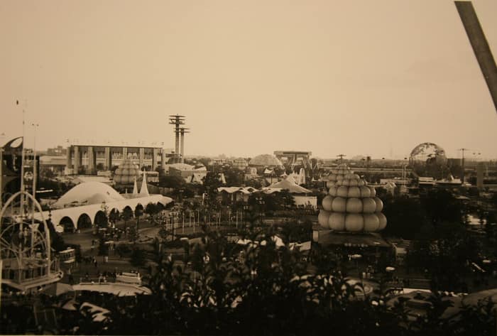 View of the 1965 World’s Fair grounds from a Ferris wheel, with the New York State Pavilion in the distance