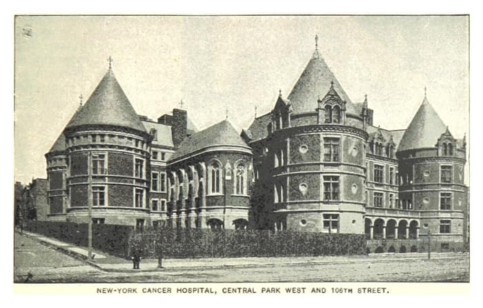 Ilustración histórica del New York Cancer Hospital, en Central Park West y la calle 106