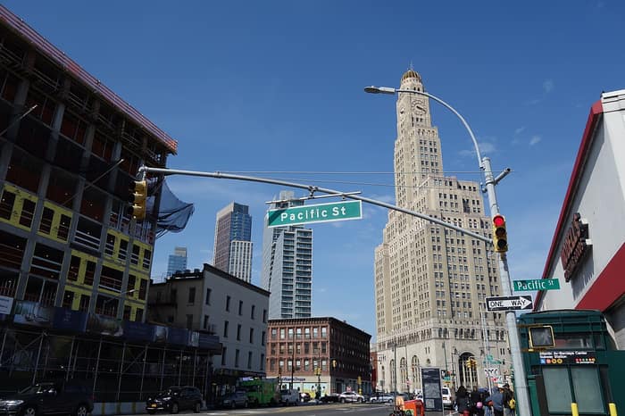 The Williamsburgh Savings Bank Tower seen from Third Avenue at Atlantic Avenue in Brooklyn