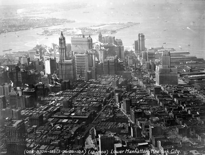 Aerial photograph of Lower Manhattan and the harbor, with Governors Island nearby