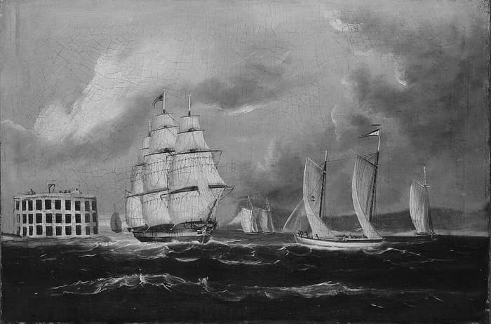 Historic view of the bay and harbor from near Fort Castle William