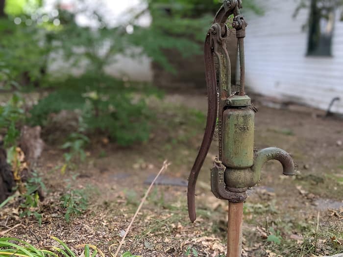 Broken water pump in the yard of the Wyckoff-Bennett Homestead