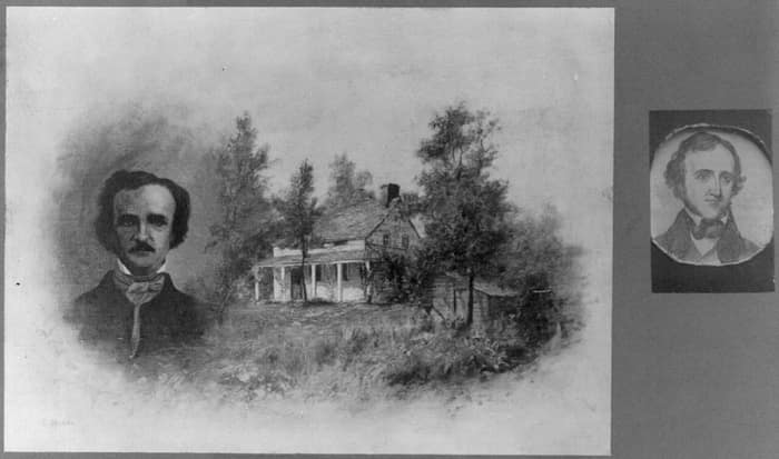 Old composite print of the Fordham house with a head-and-shoulders portrait of Edgar Allan Poe