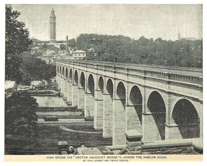 Ilustración del puente del Acueducto de Croton, también llamado High Bridge, sobre el río Harlem, de un libro de 1893