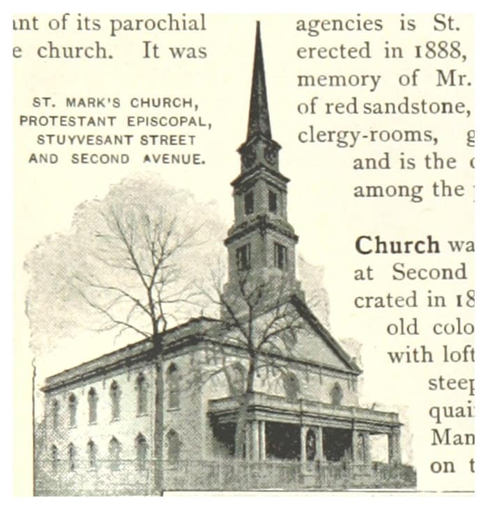 Grabado de la iglesia de San Marcos en Stuyvesant Street y la Segunda Avenida, de la guía de King de 1893