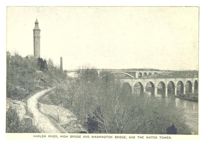 Ilustración histórica del río Harlem con el High Bridge, el Washington Bridge y la torre de agua