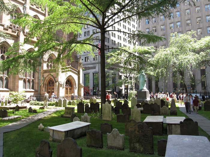 Old gravestones in the Trinity Church burial ground in Manhattan